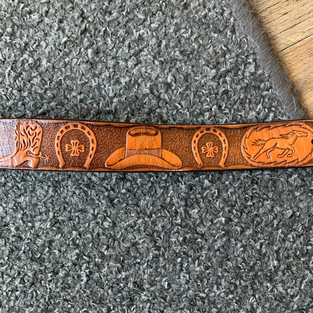 Brown Leather Belt with Western Embossing Horse, Cowboy Hat, Horseshoe 22 1/2”